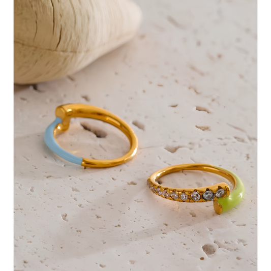 Blue Enamel & Cubic Zirconia Gold Ring