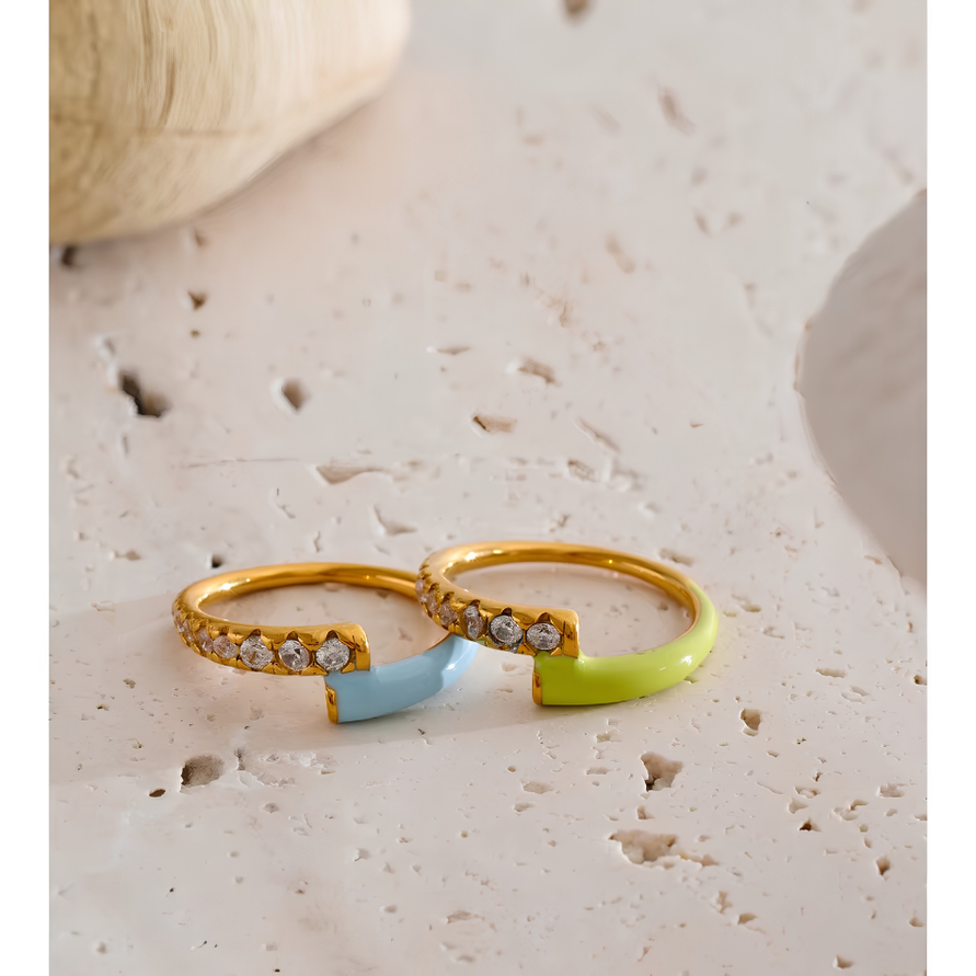 Blue Enamel & Cubic Zirconia Gold Ring