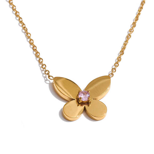 Flutter heart butterfly CZ rose chain necklace gold SARÉ